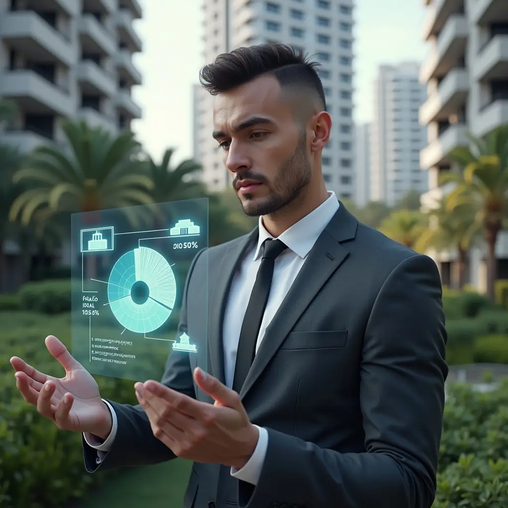 (Ultra-realistic condominium manager in a dark gray tailored suit, set in a modern luxury condominium environment with high-rise buildings and meticulously landscaped gardens, holding and studying a semi-transparent holographic pie chart representing “fração ideal” percentages, holographic architectural icons floating nearby, confident and thoughtful expression, cinematic lighting, shallow depth of field, highly detailed textures, realistic skin, photographic realism, 8k resolution --ar 1:1 --v 6)