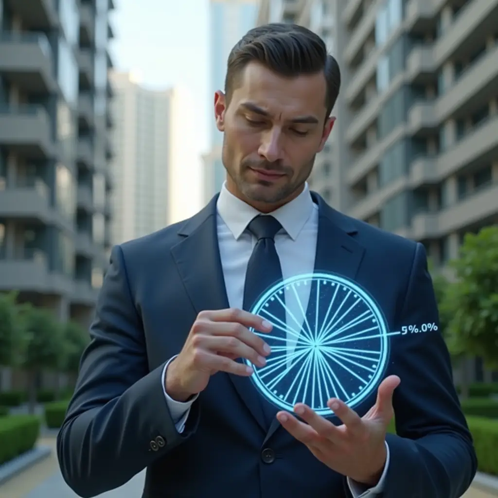 (Ultra-realistic condominium manager in a navy blue tailored suit, set in a modern luxury condominium environment with high-rise buildings and lush green landscaping, medium shot of the manager examining a floating holographic pie chart of fractional ownership percentages, confident and focused expression, cinematic lighting, shallow depth of field, highly detailed textures, realistic skin, photographic realism, 8k resolution --ar 1:1 --v 6)