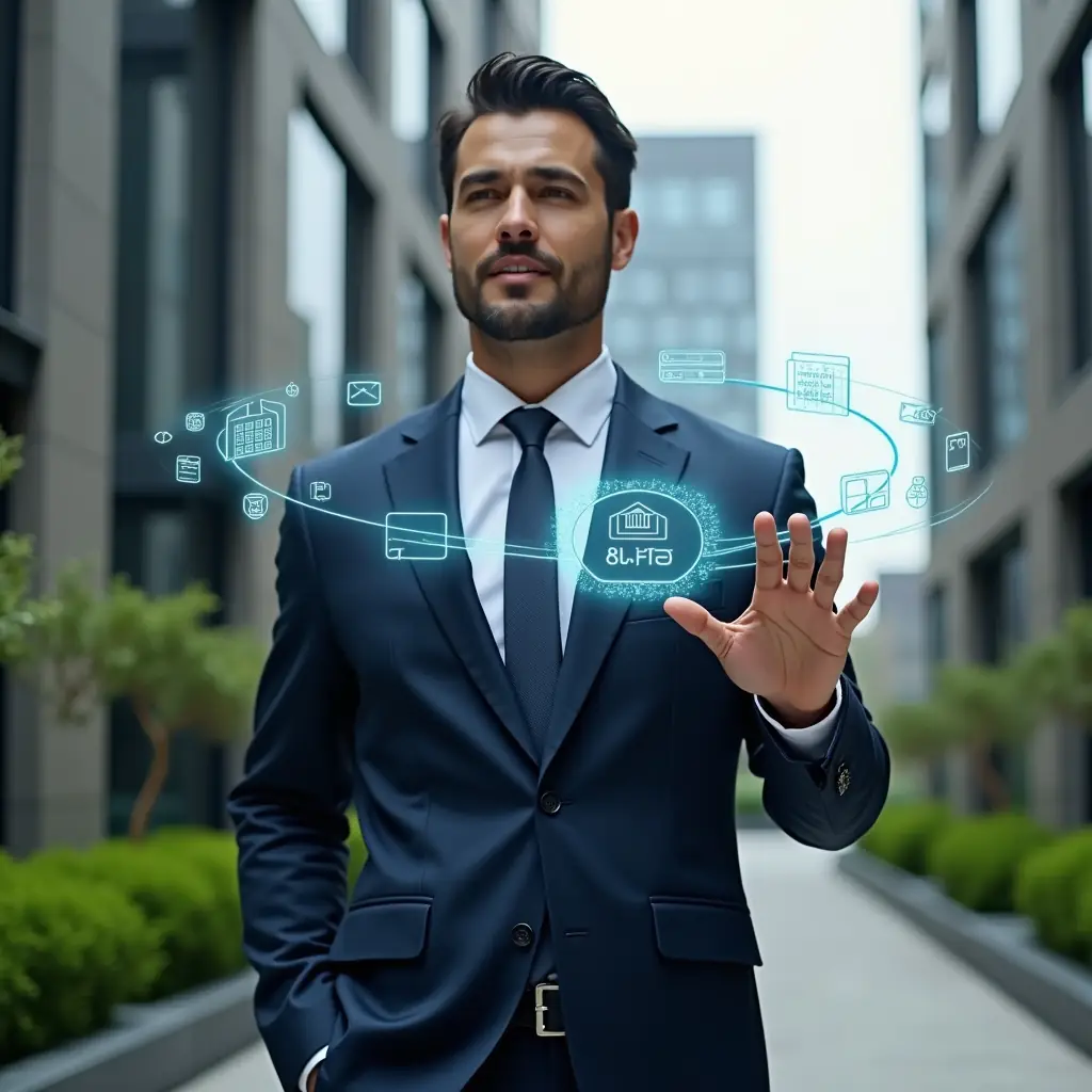 (Ultra-realistic condominium manager in a navy tailored suit, set in a modern luxury condominium environment with high-rise buildings and manicured green landscaping, interacting confidently with a floating holographic interface displaying app icons for finance, messaging, reservations, maintenance, security, voting, and analytics, subtle digital HUD elements orbiting around, cinematic lighting, shallow depth of field, highly detailed textures, realistic skin, photographic realism, 8k resolution --ar 1:1 --v 6)