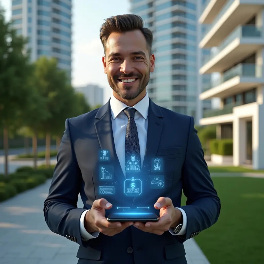 Ultra-realistic condominium property manager in a tailored navy suit, set in a modern luxury condominium environment with high-rise buildings and manicured green landscaping, holding a smartphone displaying a holographic condo management interface with floating icons for messages, reservations and financial charts, confident expression, cinematic lighting, shallow depth of field, highly detailed textures, realistic skin, photographic realism, 8k resolution --ar 1:1 --v 6