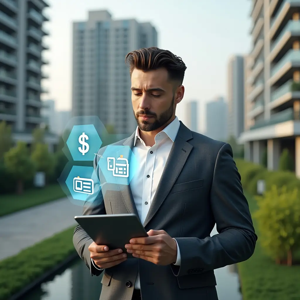 (Ultra-realistic property manager in a charcoal gray suit, set in a modern luxury condominium environment with high-rise buildings and meticulous green landscaping, holding a tablet and interacting with floating holographic icons of a dollar sign, calendar and chat bubble to symbolize finance optimization, booking management and resident communication, confident expression, cinematic lighting, shallow depth of field, highly detailed textures, realistic skin, photographic realism, 8k resolution --ar 1:1 --v 6)
