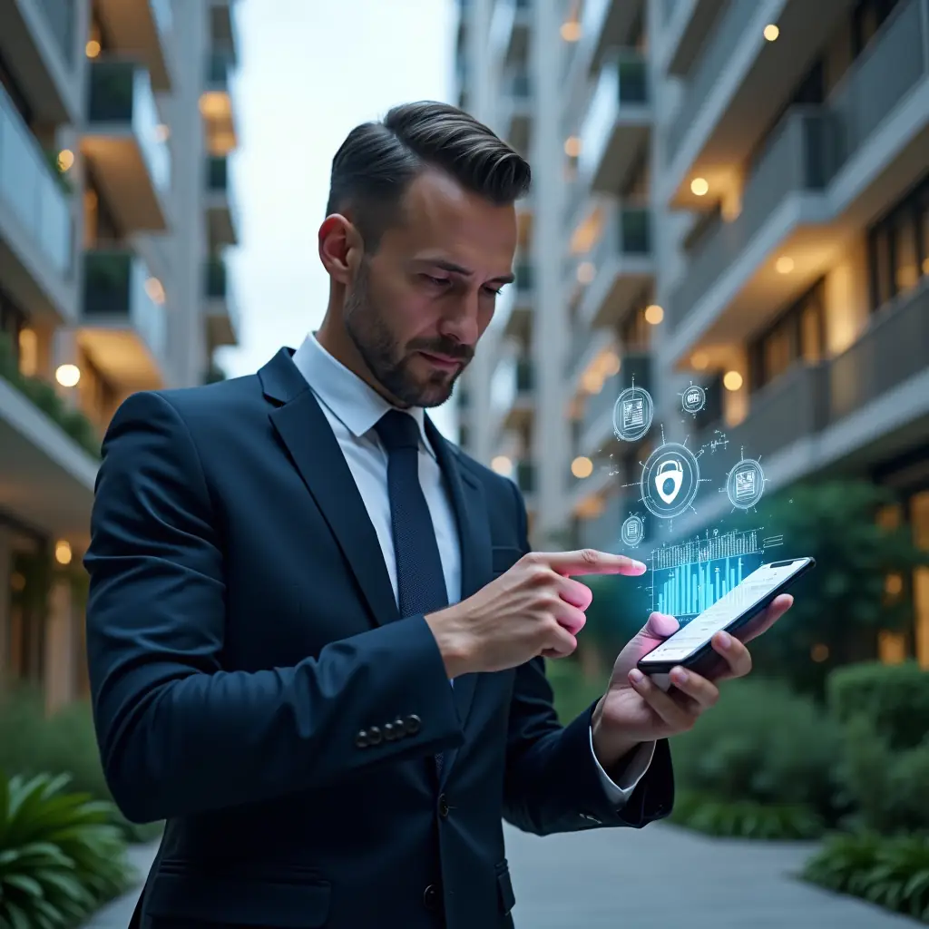 (Ultra-realistic condominium manager in a navy tailored suit, set in a modern luxury condominium environment with high-rise buildings and meticulously landscaped gardens, holding and interacting with a floating holographic smartphone interface displaying multiple app modules, confidently pointing at a digital chart icon symbolizing financial control and real-time communication, cinematic lighting, shallow depth of field, highly detailed textures, realistic skin, photographic realism, 8k resolution --ar 1:1 --v 6)