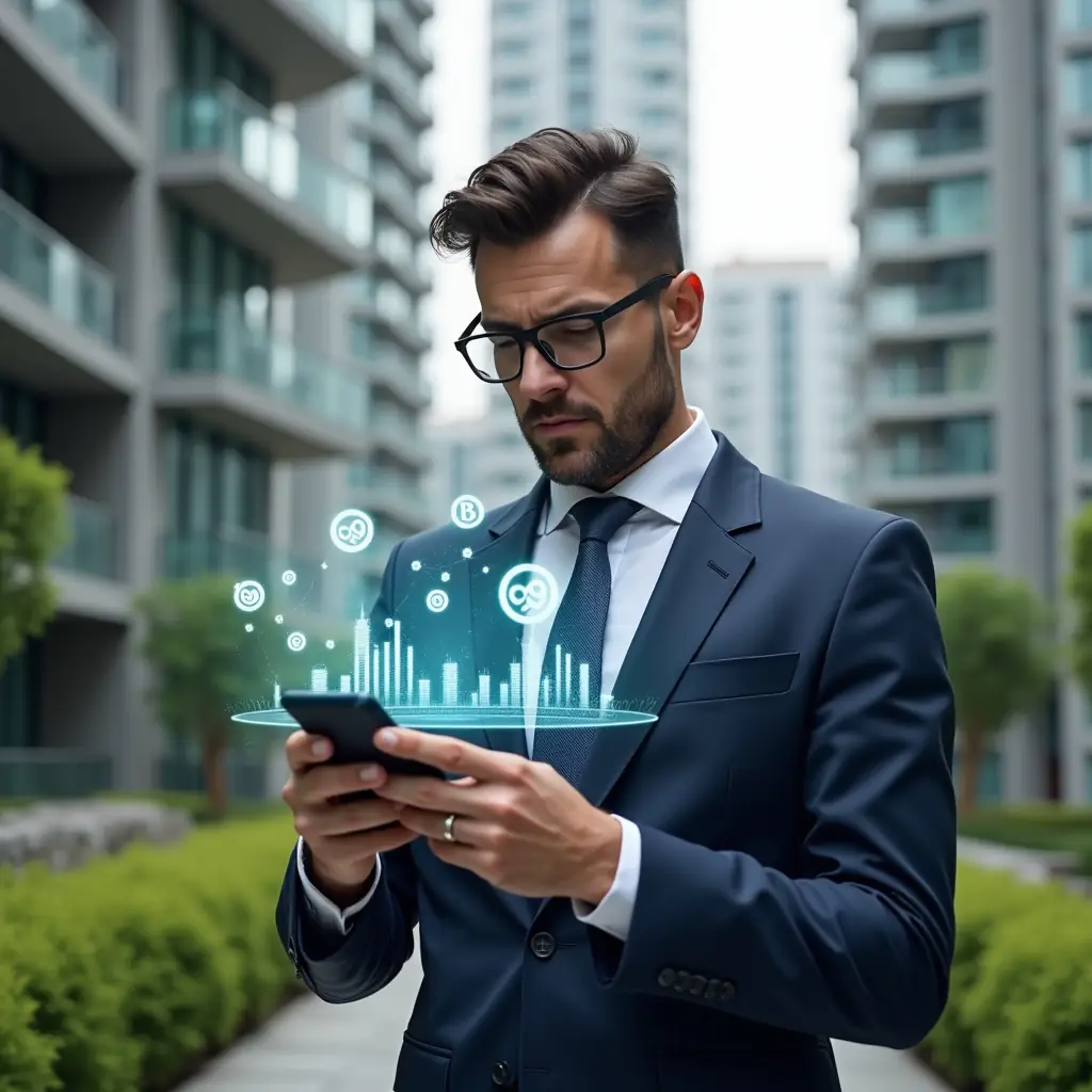 Ultra-realistic condominium manager in a navy executive suit, mid shot, holding a smartphone projecting holographic financial charts and floating coin and gear icons, set in a modern luxury condominium environment with high-rise buildings and manicured green landscaping, confident and focused expression, cinematic lighting, shallow depth of field, highly detailed textures, realistic skin, photographic realism, 8k resolution --ar 1:1 --v 6