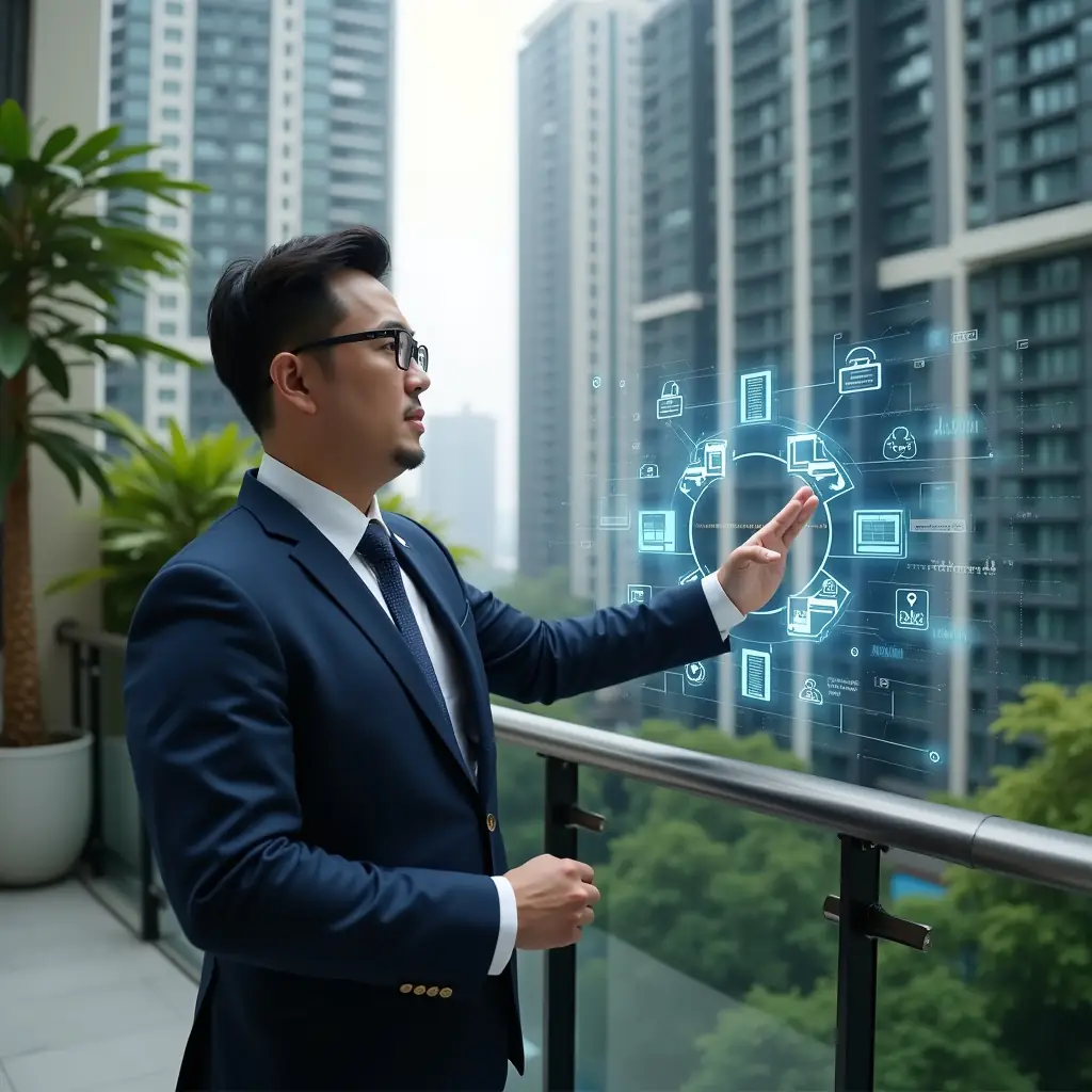 Ultra-realistic condominium manager in a tailored navy suit, set in a modern luxury condominium environment with high-rise buildings and lush greenery, holding a holographic interface displaying icons for reservations, messaging, finance, security and analytics, confidently interacting with the virtual controls, cinematic lighting, shallow depth of field, highly detailed textures, realistic skin, photographic realism, 8k resolution --ar 1:1 --v 6