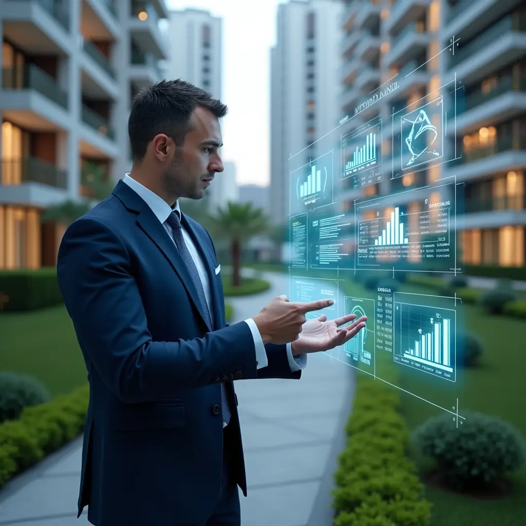 Ultra-realistic condominium manager in a navy executive suit, set in a modern luxury condominium environment with high-rise buildings and manicured green landscaping, examining a holographic financial dashboard displaying automated reports and transparent accounting charts, with floating digital icons of clocks, graphs and shields symbolizing time-saving, accuracy and trust, cinematic lighting, shallow depth of field, highly detailed textures, realistic skin, photographic realism, 8k resolution --ar 1:1 --v 6