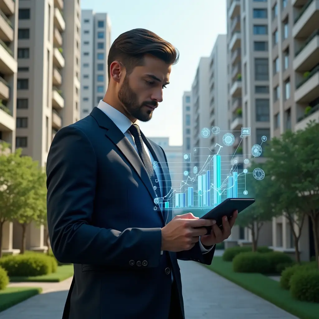 Ultra-realistic condominium manager in a tailored navy suit, set in a modern luxury condominium environment with high-rise buildings and lush green landscaping, analyzing a holographic financial chart and digital budget on a tablet, confident and focused expression, floating icons of repair tools and coins symbolizing expense control, cinematic lighting, shallow depth of field, highly detailed textures, realistic skin, photographic realism, 8k resolution --ar 1:1 --v 6