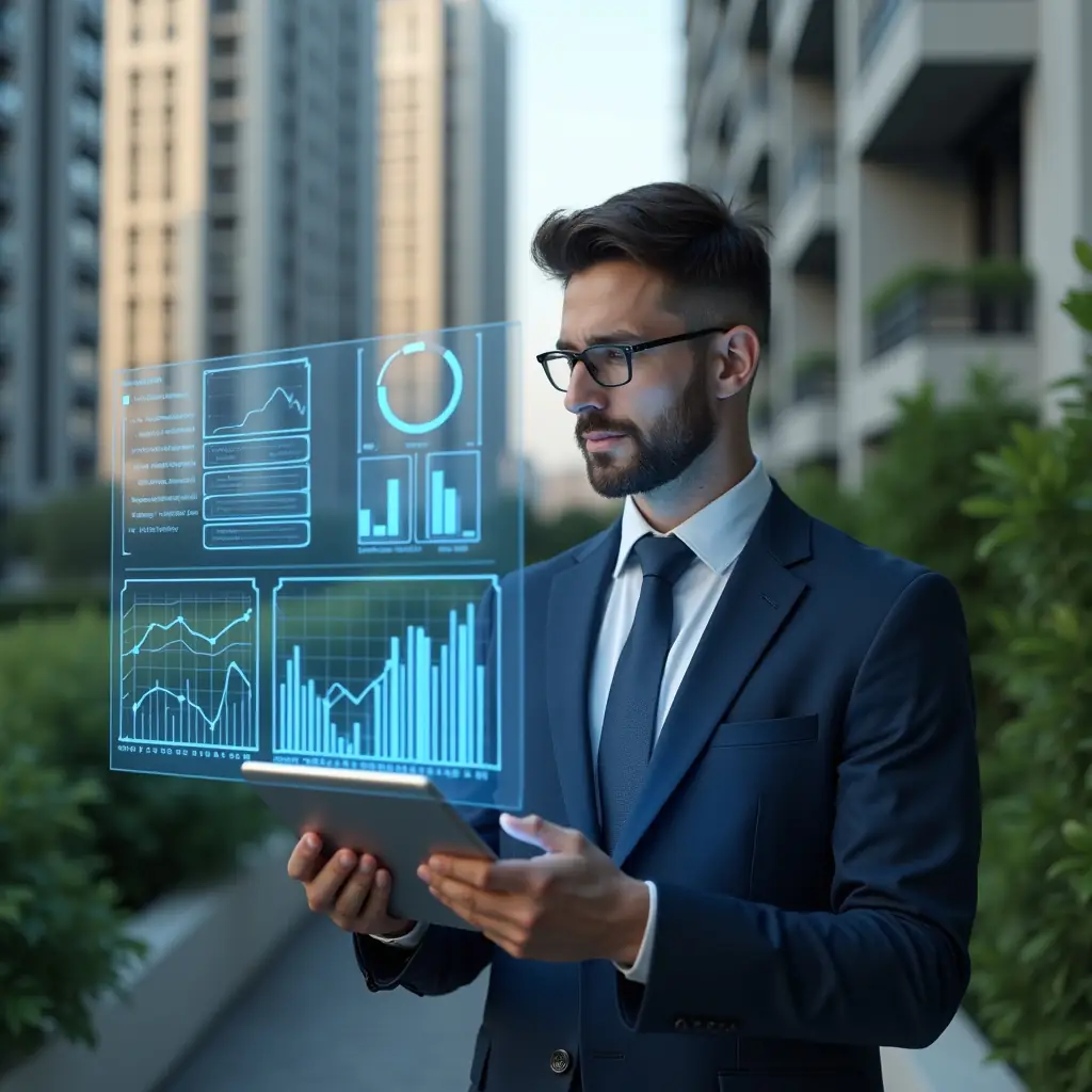 Ultra-realistic condominium manager in a navy blue suit, set in a modern luxury condominium environment with high-rise buildings and lush green landscaping, mid-shot close-up of him analyzing floating holographic KPI charts with digital bar graphs and pie charts, holding a sleek tablet, thoughtful and confident expression, cinematic lighting, shallow depth of field, highly detailed textures, realistic skin, photographic realism, 8k resolution --ar 1:1 --v 6