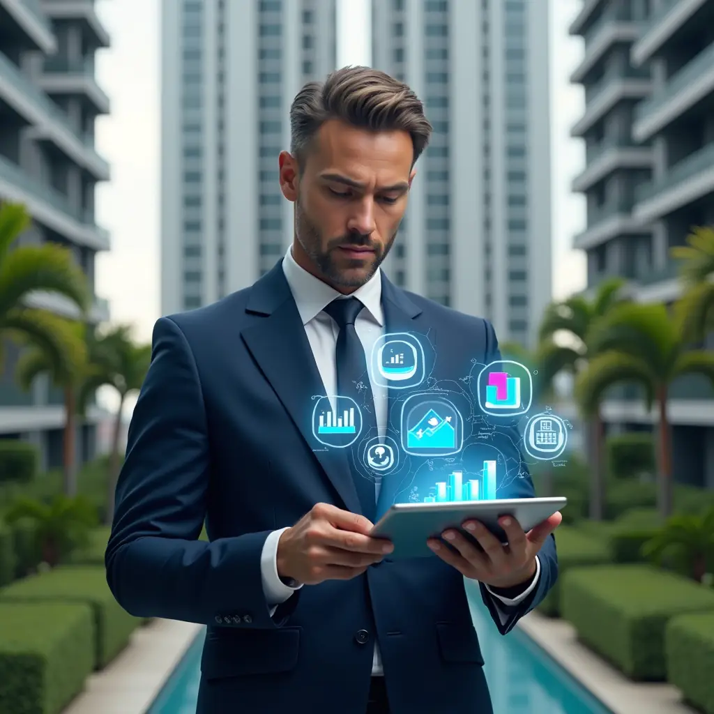 Ultra-realistic condominium manager in a navy blue suit, set in a modern luxury condominium environment with high-rise buildings and manicured green landscaping, holding a tablet displaying holographic financial reports and colorful graphs, surrounded by floating icons of charts and checkmarks, confident and focused expression, cinematic lighting, shallow depth of field, highly detailed textures, realistic skin, photographic realism, 8k resolution --ar 1:1 --v 6