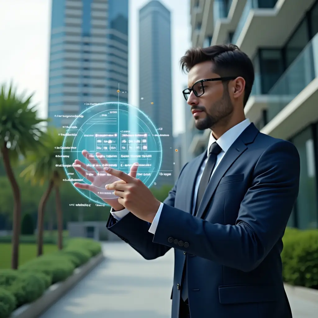 (Ultra-realistic condominium manager in a navy blue suit, set in a modern luxury condominium environment with high-rise buildings and manicured green landscaping, confidently interacting with a holographic digital schedule interface—tapping floating task icons and a translucent calendar hologram, cinematic lighting, shallow depth of field, highly detailed textures, realistic skin, photographic realism, 8k resolution --ar 1:1 --v 6)