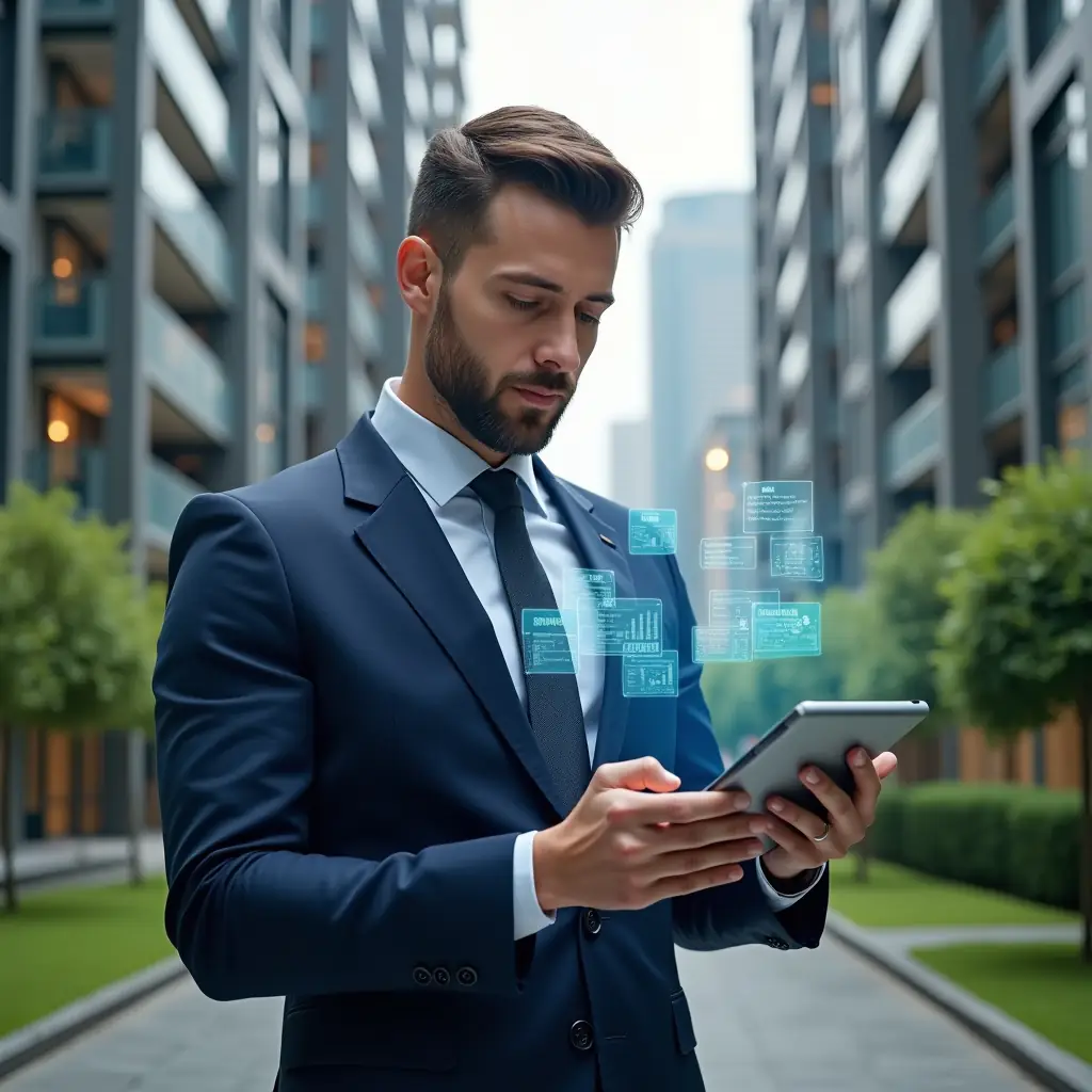 Ultra-realistic condominium manager in a navy blue executive suit, set in a modern luxury condominium environment with high-rise buildings and pristine green landscaping, holding a digital tablet displaying a holographic activity schedule, surrounded by floating calendar icons and checklist holograms, confident and focused expression, cinematic lighting, shallow depth of field, highly detailed textures, realistic skin, photographic realism, 8k resolution --ar 1:1 --v 6