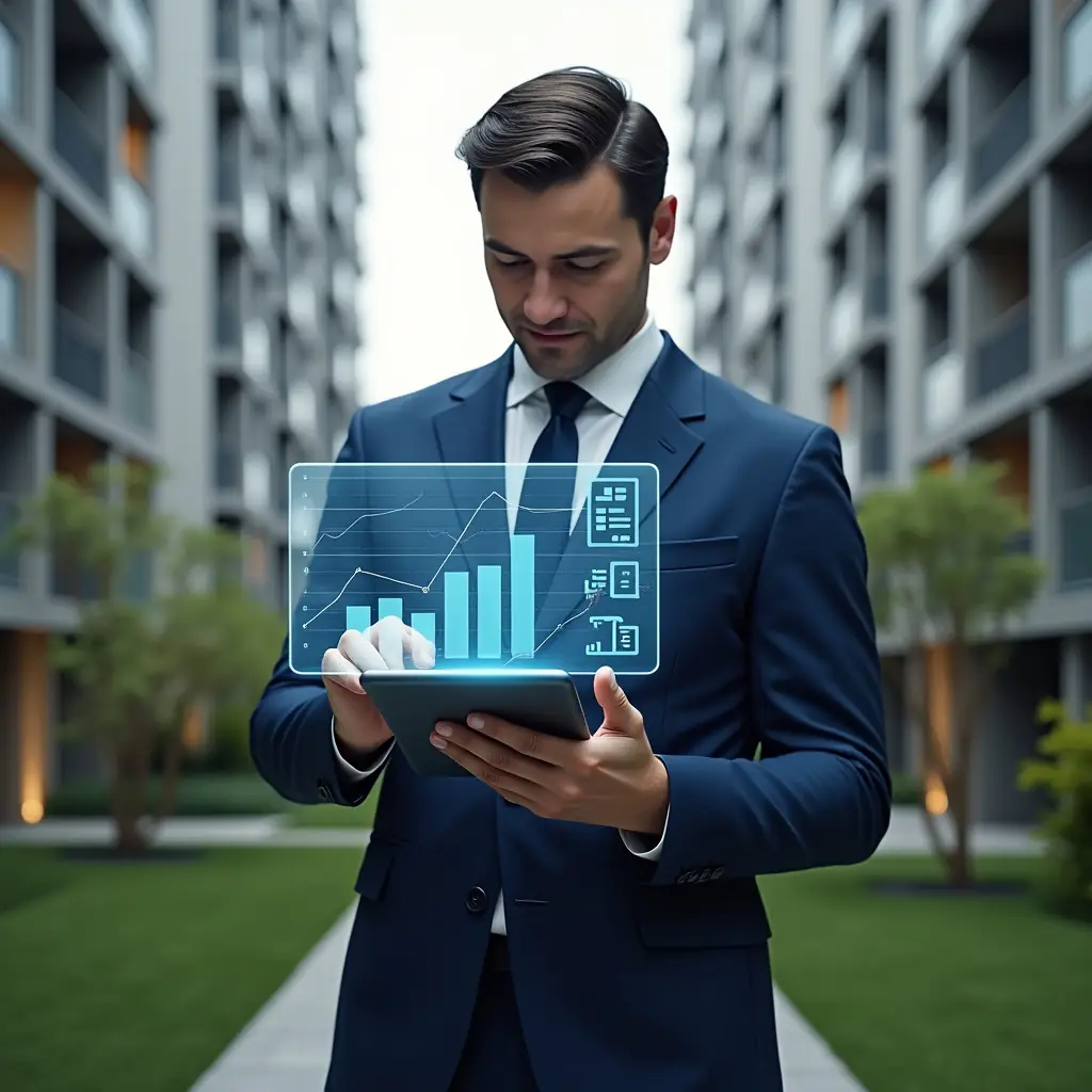 (Ultra-realistic condominium manager in a navy blue tailored suit, set in a modern luxury condominium environment with high-rise buildings and manicured green gardens, reviewing digital proposals on a transparent tablet hologram displaying graphs and contract icons, confident and focused expression, subtle **app interface** symbol floating beside, cinematic lighting, shallow depth of field, highly detailed textures, realistic skin, photographic realism, 8k resolution --ar 1:1 --v 6)