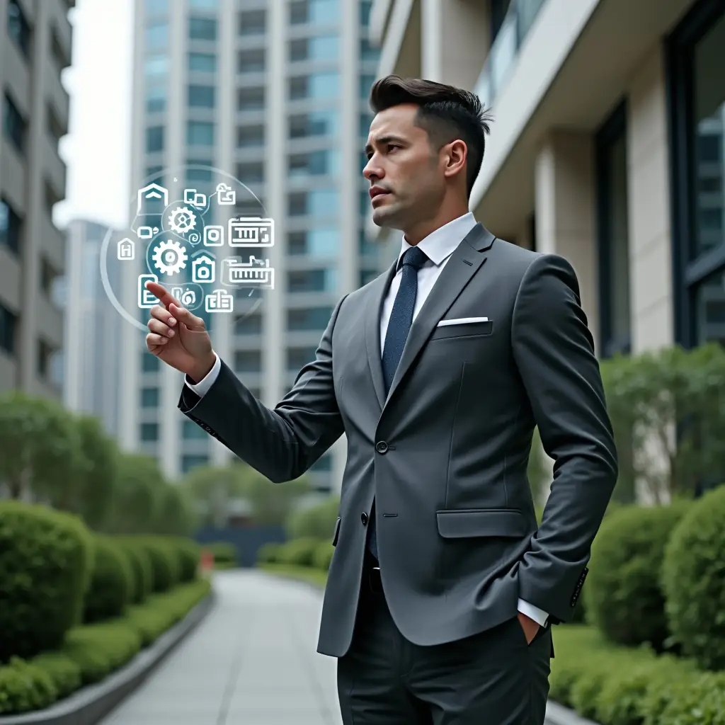(Ultra-realistic condominium manager in a charcoal gray executive suit, set in a modern luxury condominium environment with high-rise buildings and meticulously maintained green landscaping, standing confidently in a medium shot while interacting with a floating holographic maintenance schedule displaying gears and calendar icons, cinematic lighting, shallow depth of field, highly detailed textures, realistic skin, photographic realism, 8k resolution --ar 1:1 --v 6)