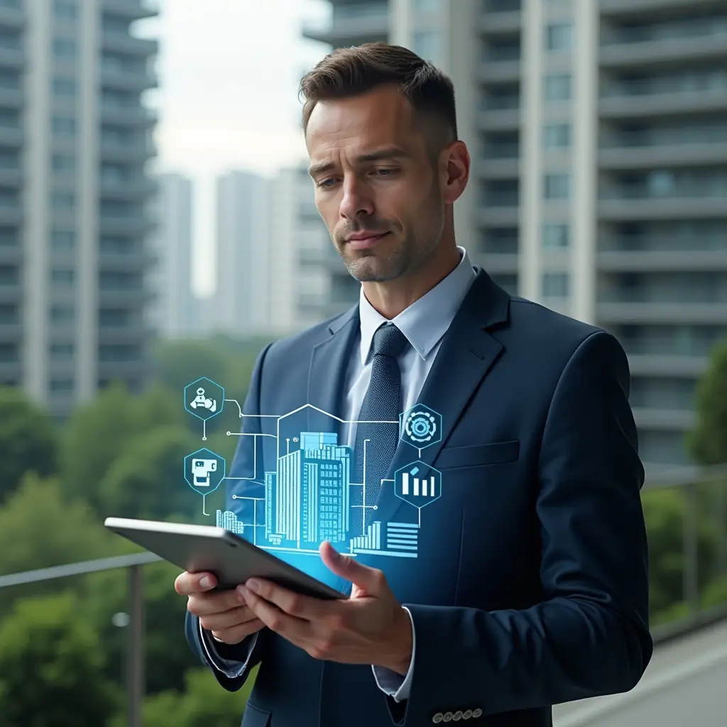 Ultra-realistic condominium manager in a navy suit, set in a modern luxury condominium environment with high-rise buildings and green landscaping, holding a tablet displaying a holographic building automation interface, holographic icons of security cameras, energy graphs and gear symbols floating around, confident and focused expression, cinematic lighting, shallow depth of field, highly detailed textures, realistic skin, photographic realism, 8k resolution --ar 1:1 --v 6