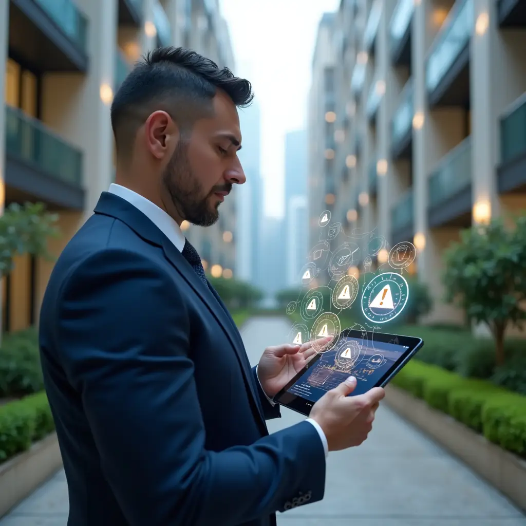 (Ultra-realistic condominium manager in a navy blue suit, set in a modern luxury condominium environment with high-rise buildings and manicured green landscaping, holding a tablet displaying holographic error icons and analytics graphs, examining the screen with a thoughtful expression, floating translucent app interface symbols around, cinematic lighting, shallow depth of field, highly detailed textures, realistic skin, photographic realism, 8k resolution --ar 1:1 --v 6)
