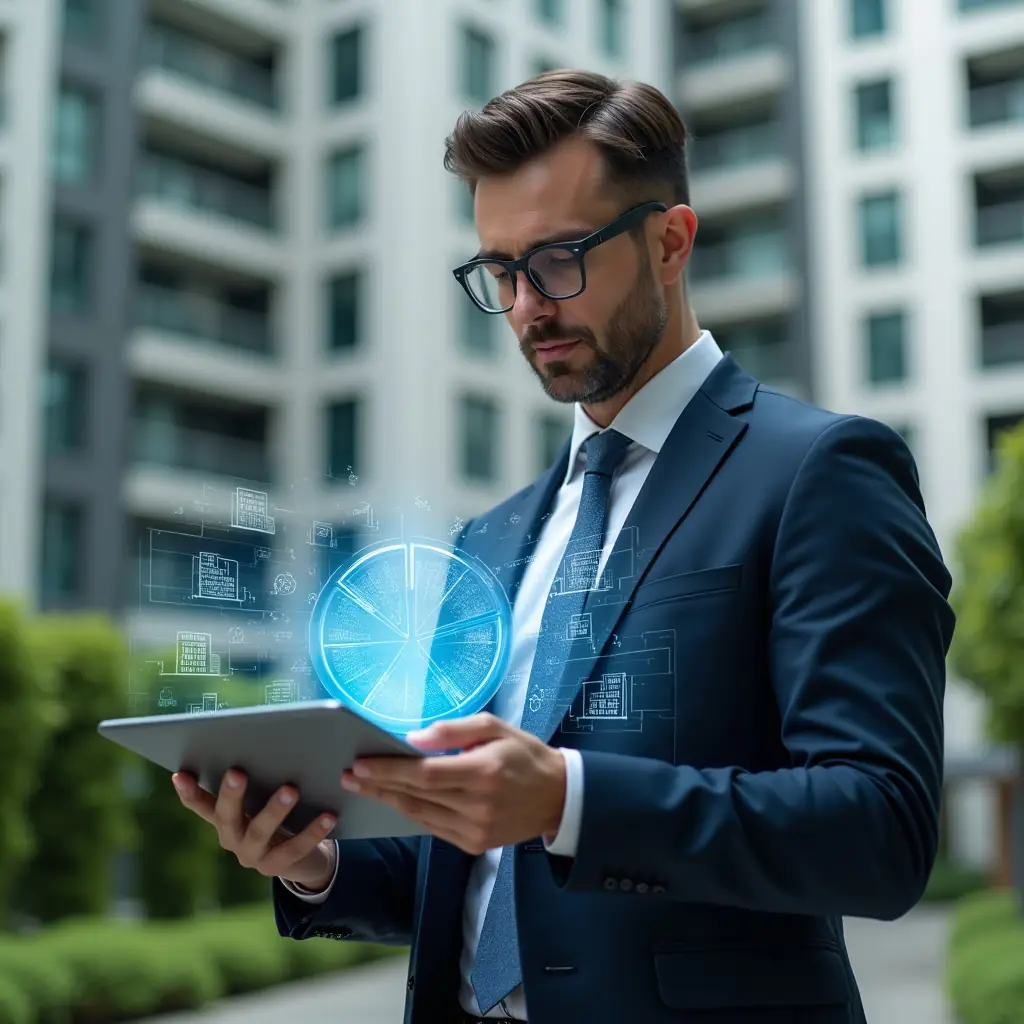 (Ultra-realistic condominium manager in a navy suit, set in a modern luxury condominium environment with high-rise buildings and manicured green landscaping, holding a holographic pie chart representing unit fractions above a transparent tablet, analyzing data with a confident, focused expression, floating percentage and blueprint icons around, cinematic lighting, shallow depth of field, highly detailed textures, realistic skin, photographic realism, 8k resolution --ar 1:1 --v 6)