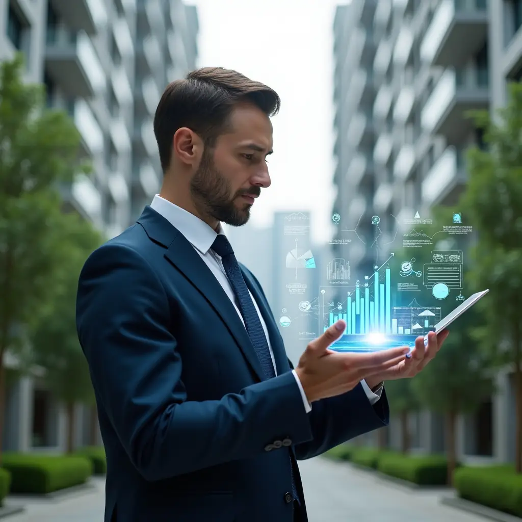 (Ultra-realistic condominium manager in a tailored navy suit, set in a modern luxury condominium environment with high-rise buildings and manicured green gardens, mid-shot focused on the professional, holding a floating holographic financial report and analyzing digital charts with a confident, thoughtful expression, icons of graphs and transparent spreadsheets orbiting around him, cinematic lighting, shallow depth of field, highly detailed textures, realistic skin, photographic realism, 8k resolution --ar 1:1 --v 6)