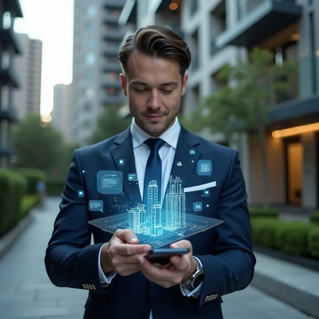 (Ultra-realistic condominium manager in a tailored navy suit, set in a modern luxury condominium environment with high-rise buildings and manicured green gardens, holding a smartphone projecting a holographic interface of building blueprints and financial charts, confident and focused expression, glowing app icons and digital communication symbols surrounding them, cinematic lighting, shallow depth of field, highly detailed textures, realistic skin, photographic realism, 8k resolution --ar 1:1 --v 6)