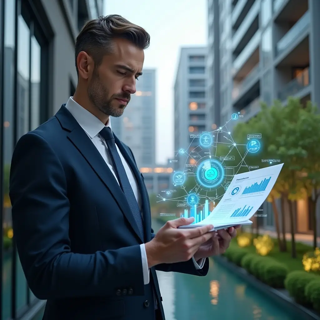 (Ultra-realistic condominium manager in a tailored navy suit, set in a modern luxury condominium environment with high-rise buildings and lush green landscaping, examining a floating holographic financial report with pie charts and bar graphs, confident and focused expression, futuristic audit icons swirling around, cinematic lighting, shallow depth of field, highly detailed textures, realistic skin, photographic realism, 8k resolution --ar 1:1 --v 6)