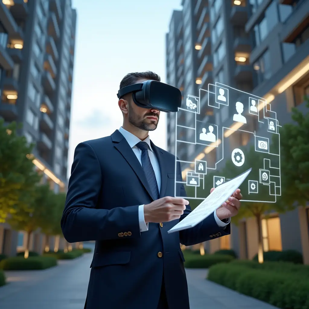 Ultra-realistic condominium manager in a navy executive suit, set in a modern luxury condominium environment with high-rise buildings and manicured green landscaping, confidently reviewing holographic documents and team schedules on a floating virtual interface, surrounded by glowing icons of files, checklists and gears, cinematic lighting, shallow depth of field, highly detailed textures, realistic skin, photographic realism, 8k resolution --ar 1:1 --v 6