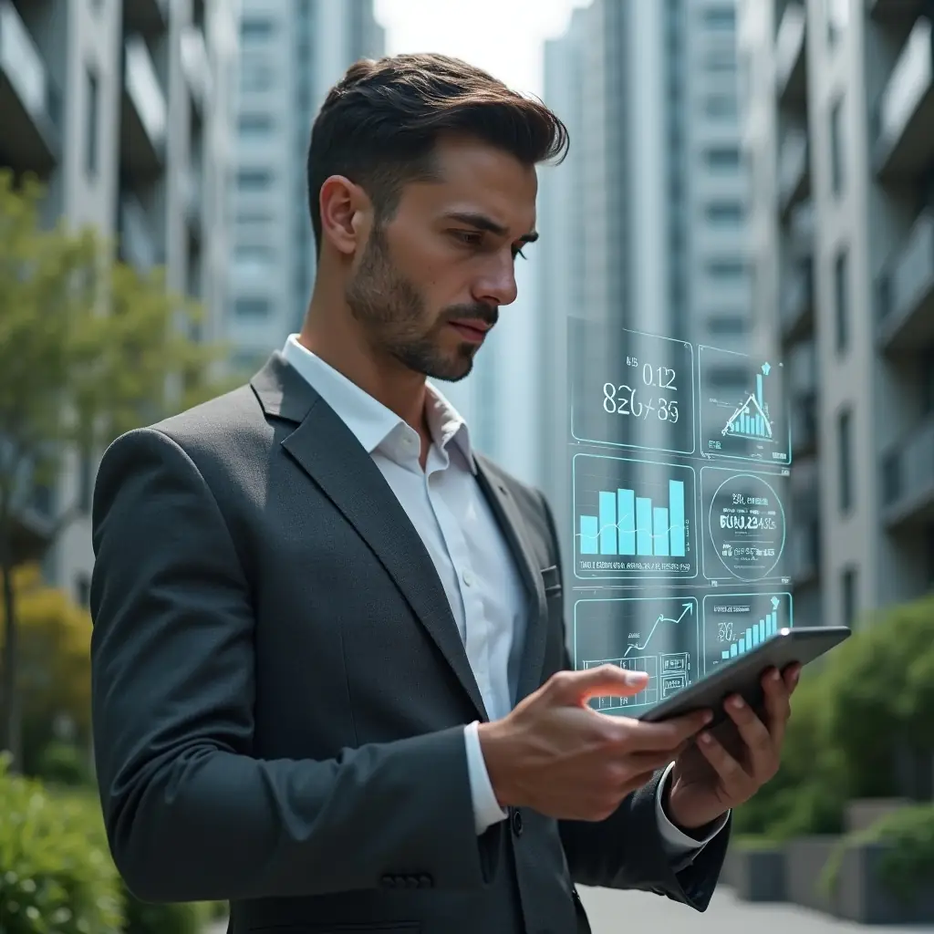 (Ultra-realistic condominium manager in a charcoal gray suit, set in a modern luxury condominium environment with high-rise buildings and manicured green landscaping, examining a transparent tablet displaying holographic financial charts and error icons symbolizing accounting mistakes, expression confident and focused, cinematic lighting, shallow depth of field, highly detailed textures, realistic skin, photographic realism, 8k resolution --ar 1:1 --v 6)